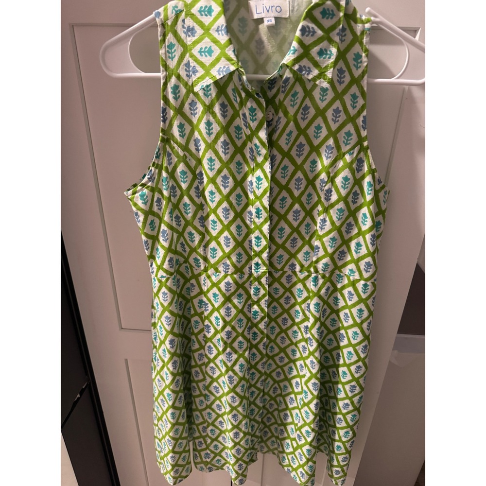 Livro Womens Sleeveless Button Down‎ Shirt Dress Green Blue Block Print Mini XS